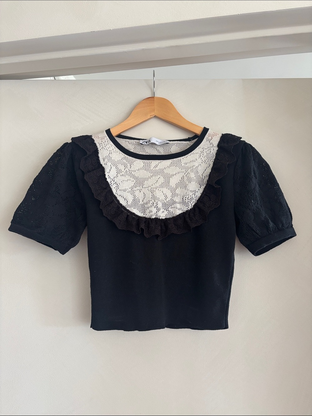 Zara Black Crop Top with White Lace Bib and Ruffle